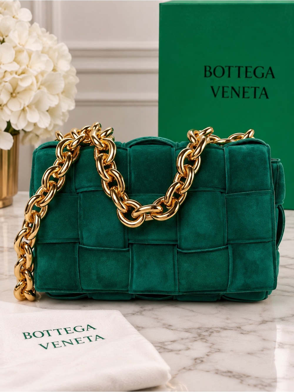 Bottega Veneta Emerald Green Intrecciato Suede Shoulder Bag with Gold Chain